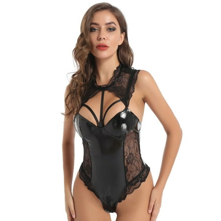 Generic New Sexy Lingerie Sexy Women s Halter Spaghetti Straps Backless Patent Leather Jumpsuit
