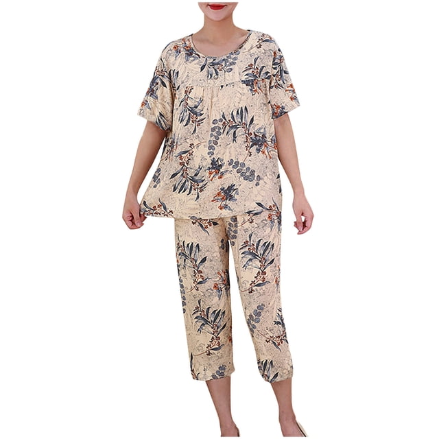 Pisexur Ensembles de Pyjama pour Femmes 2 Pcs Boho à Imprimé Floral Chemises de Nuit en Coton pour Femmes Décontractées Col Rond T-Shirts à Manches Courtes Hauts et Pantalons de Détente Longueur Genou Pyjamas Grande Taille pour Femmes Ensemble TG-4TG
