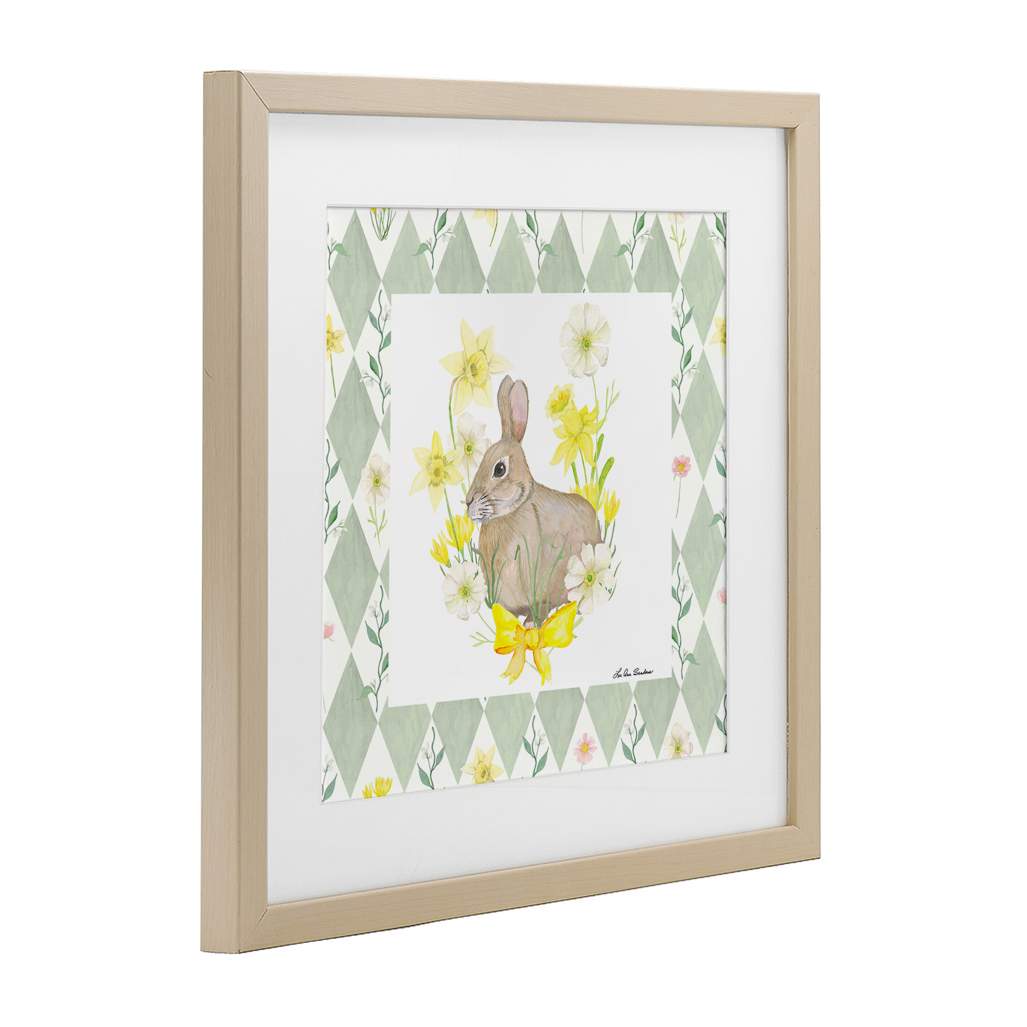 Mother Bunny on Green Argyle Birch Framed Print Under Glass, design by Lee Ann Sanders