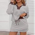 thumbnail image 2 of Vornjynx Womens 2 Piece Sets Fall Outfits Striped V Neck Turn Down Collar Long Sleeve Tops Drawstring Skirt Lounge Matching Sets Brown Size L, 2 of 5