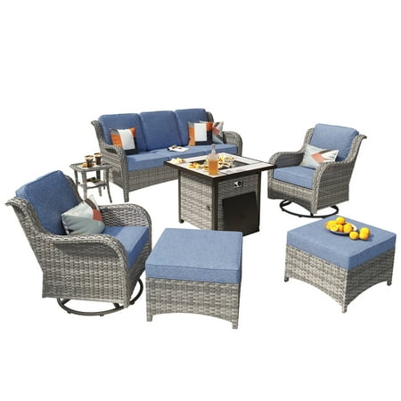 Ovios 7 Metal All-Weather Outdoor Conversation Sets with Couch and Chairs, Grey/Denim Blue
