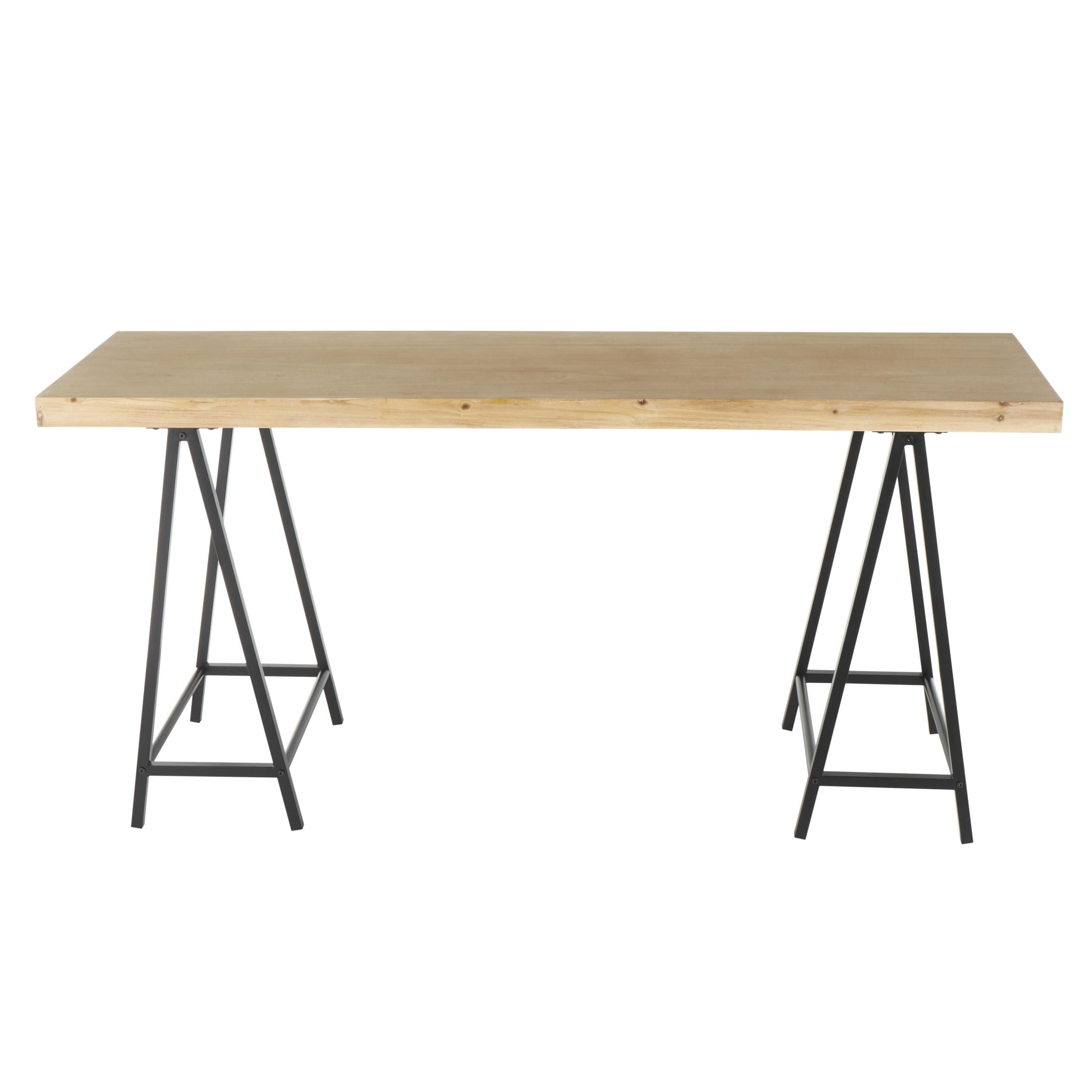 DecMode 63" x 28" Brown Wooden Rectangular Console Table with Black Metal Supports, 1-Piece
