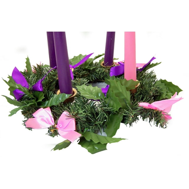 Religious Christmas Centerpiece Advent Wreath Candle Holder with Silk Ribbon, 10 Inch