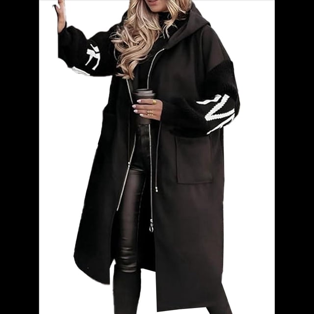 Chaqueta Cortavientos de Punto con Capucha y Larga para Mujer, de Gran Tamaño, Informal, con Cordón Ajustable en la Cintura y Cremallera. Negro L