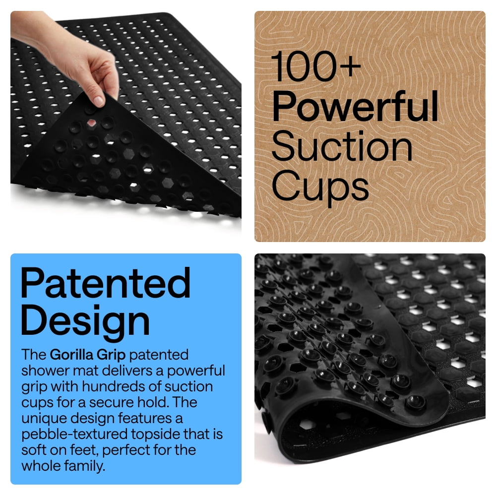 GORILLA GRIP Patented Shower and Bathtub Mat, 21x21, Square Bath Tub Stall Floor Mat, Black Opaque