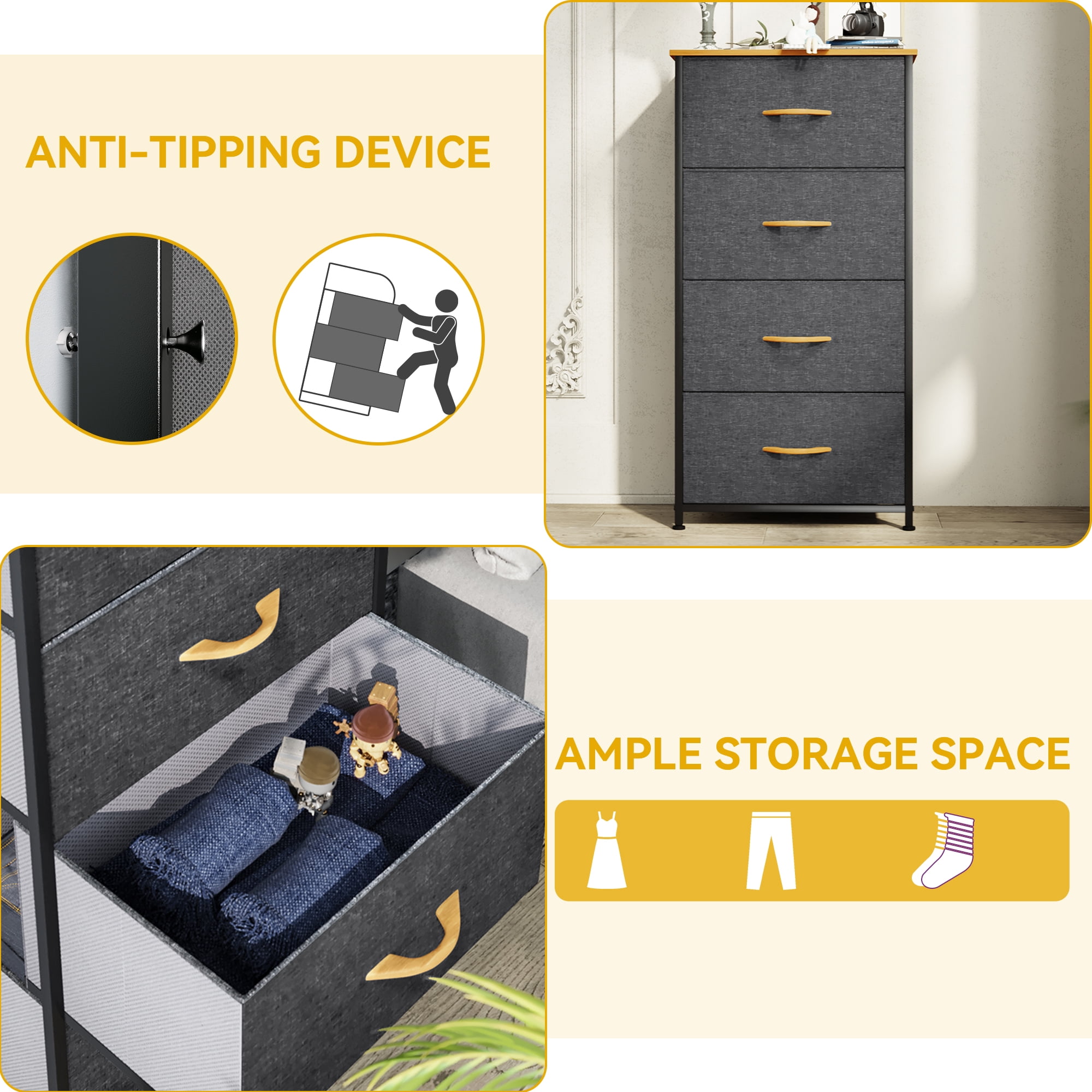 DEXTRUS 4-Drawer Fabric Dresser for Adults & Teens, Bedside Chest Organizer for Bedroom, Gray