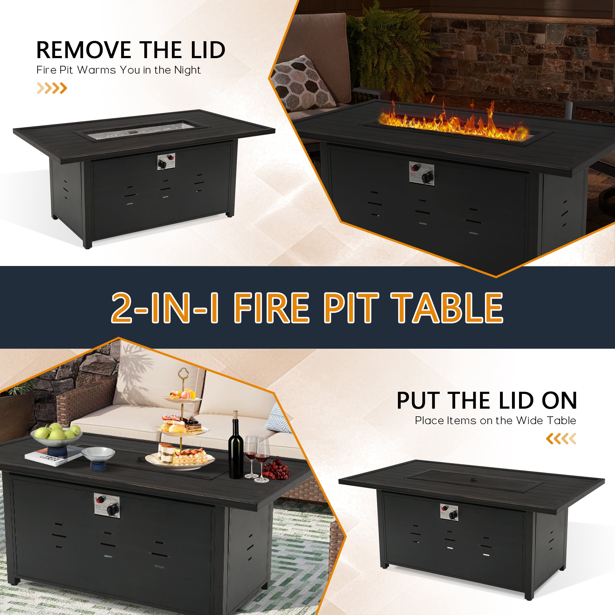 Ulax Furniture 55.25'' Rectangular Propane Gas Fire Pit Table 50,000 Btu Heater Outdoor