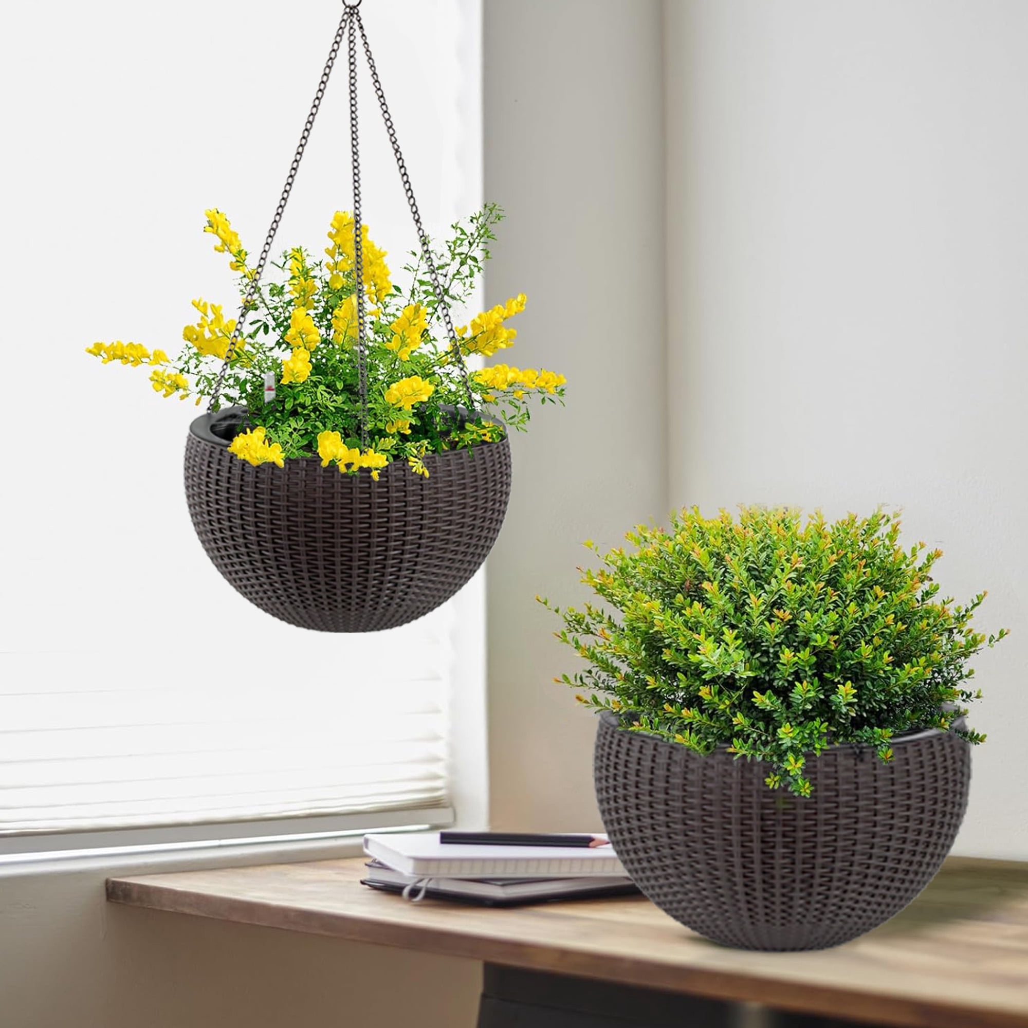 Hanging Planter 13.4 Inch, Self-Watering Rattan-Inspired Pot with Water Level Indicator, Indoor and Balcony Planters for Flowers and Herbs, Set of 2, Brown