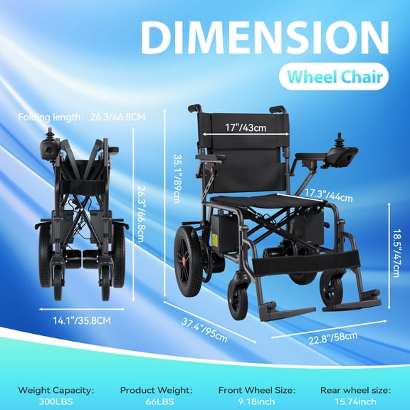 Edcsi Electric Wheelchair Lightweight Folding Wheelchair for Adults Seniors Black, 12 Miles Range