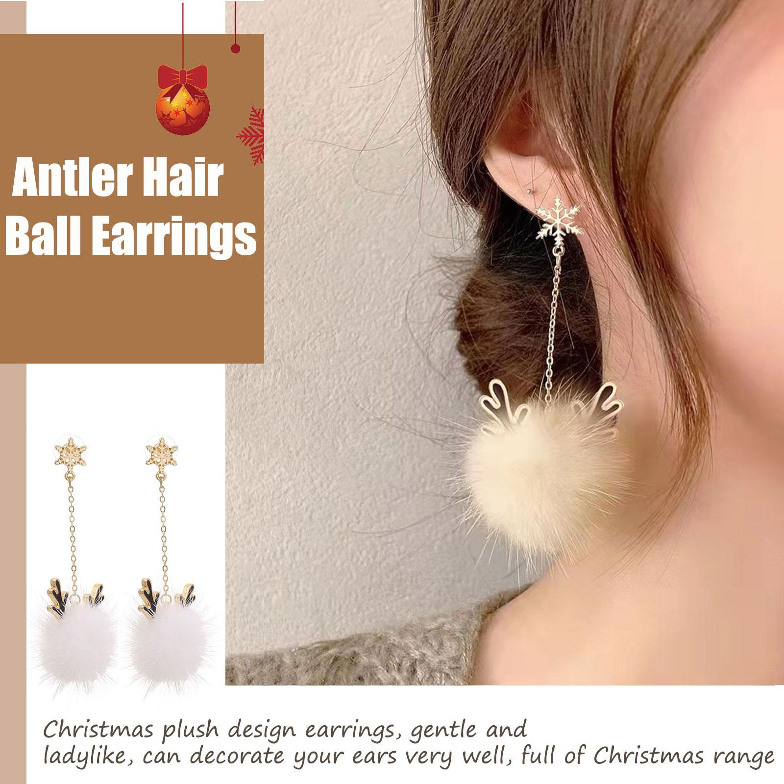 LIUZHIPENG Pom Pom Earrings for Women Girls Cute Snowflake Antler Pompom Dangle Earring Pierced Ear Stud Drops Christmas Xmas Holiday Jewelry G2Q9 - image 2 of 9