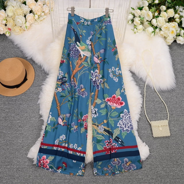 Pantalones casuales holgados de cintura alta con estampado de flores y pájaros para mujer, pantalones de pierna ancha para mujer