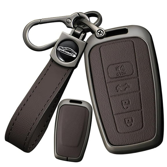 Metal & Leather 4 Button Key Fob Cover Case Compatible with Toyota Camry 2018-2023 RAV4 4Runner Highlander Avalon C-HR Prius Prado Corolla GT86 Keyless with Keychain