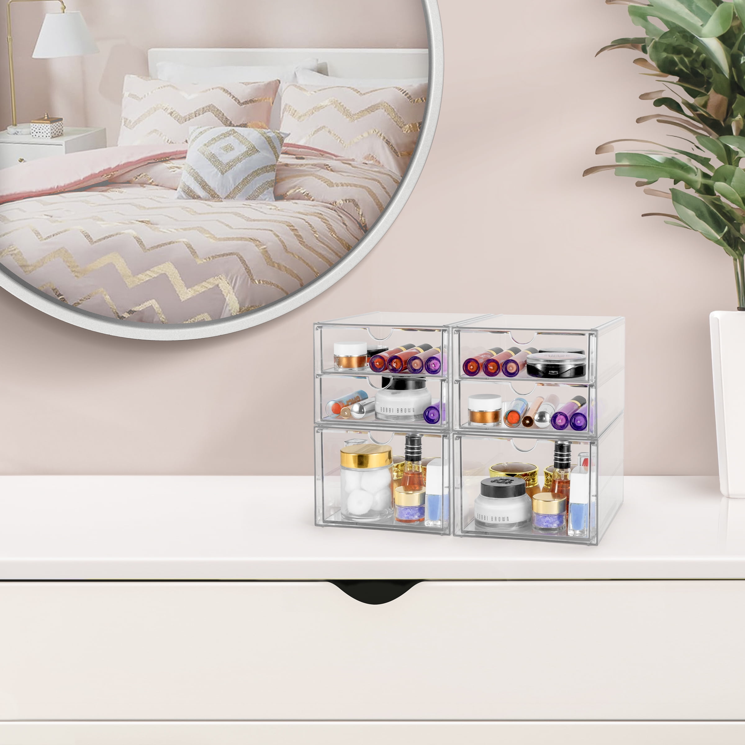 Sorbus 2-Piece Clear Acrylic Makeup Organizer with 3 Drawers (2 Pack), Stackable Storage Bins