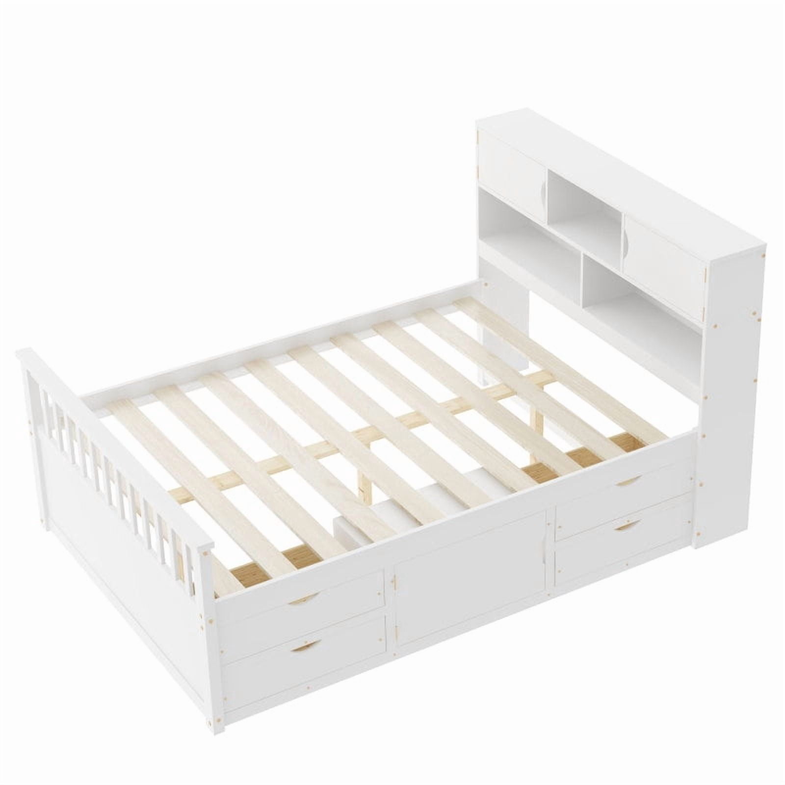 [Luckynote]Full Size Captain Platform Bed Frame with Storage Bookcases and Shelves,Four Drawers,White