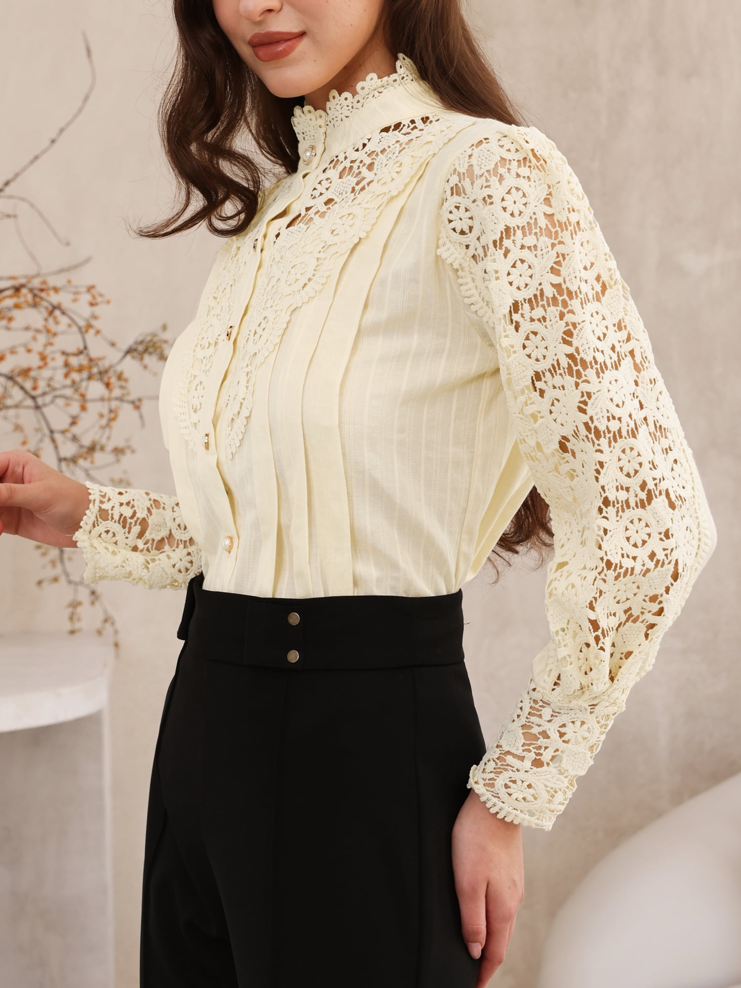 DARING DIVA Women's Lace Trim Top Victorian Long Sleeve Button Down Blouse 2XL Beige