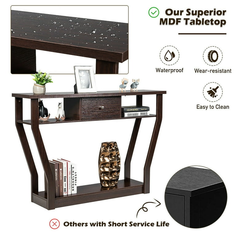 Costway Modern Sofa Accent Table with Drawer Entryway Hallway Hall Brown