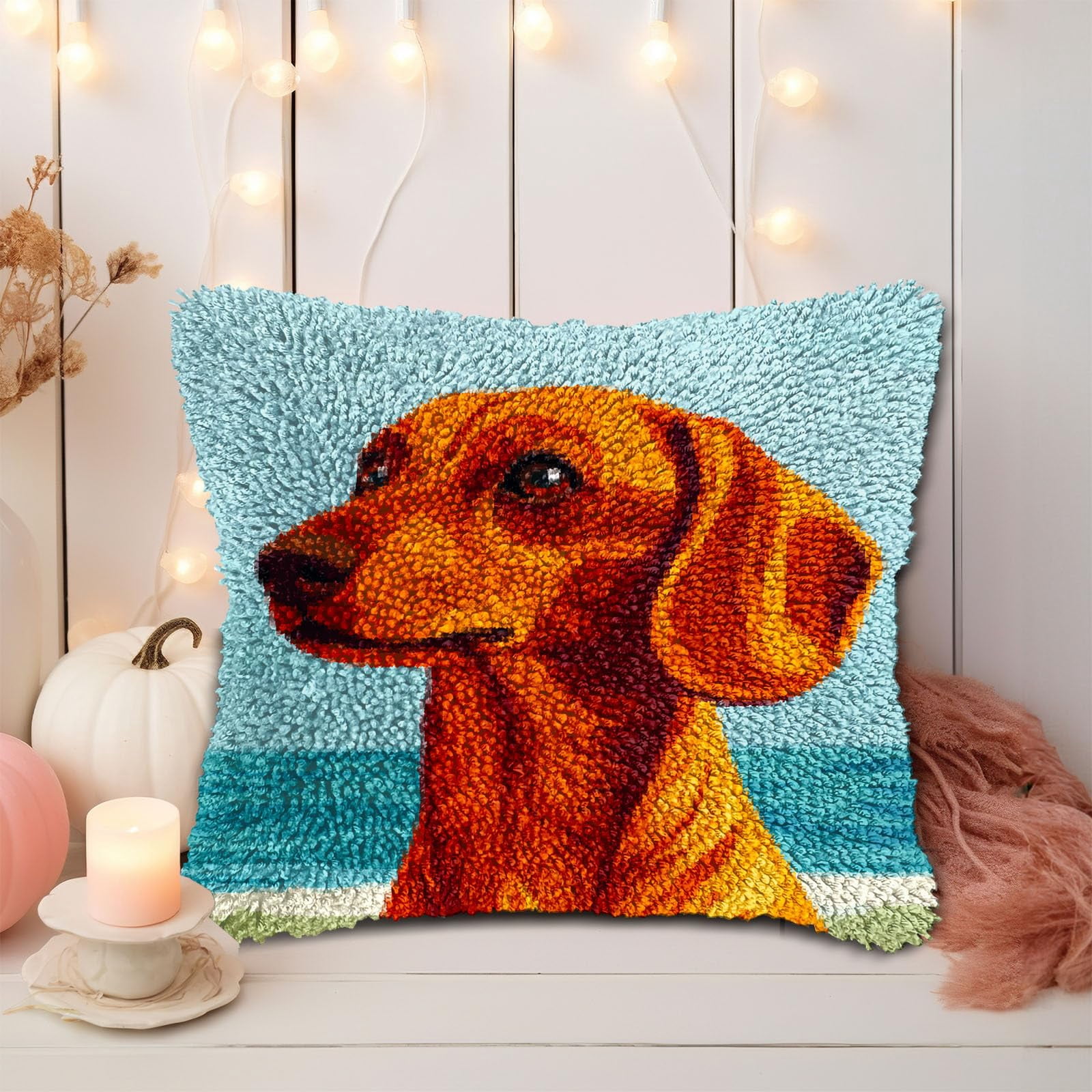 DIY Latch Hook Pillow Kits for Adults Cartoon Brown Dachshund Dog Printed Pillowcase Crochet Yarns Hooking Handmade Pillow Cover Cushion for Home Sofa Decor 17x17inch(2)