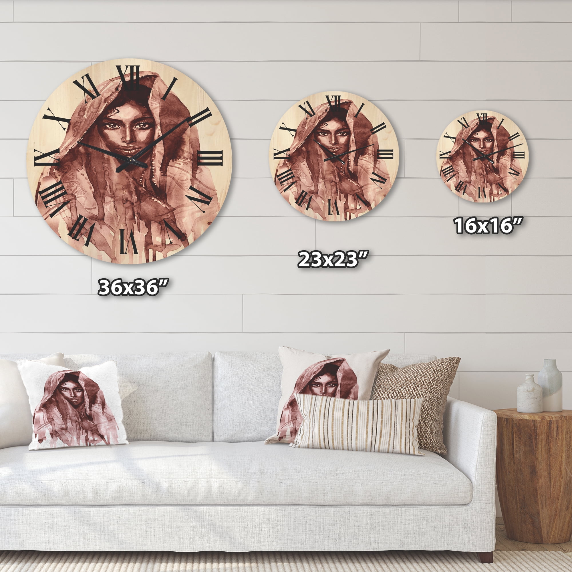 Designart 'Black and White Portrait of Young Indian Woman II' Modern Wood Wall Clock