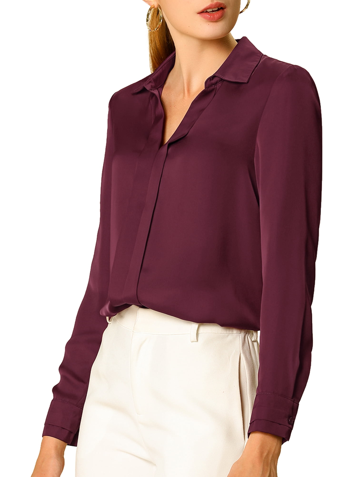 DARING DIVA Women's V Neck Classic Work Office Long Sleeve Shirt XL Wine Red