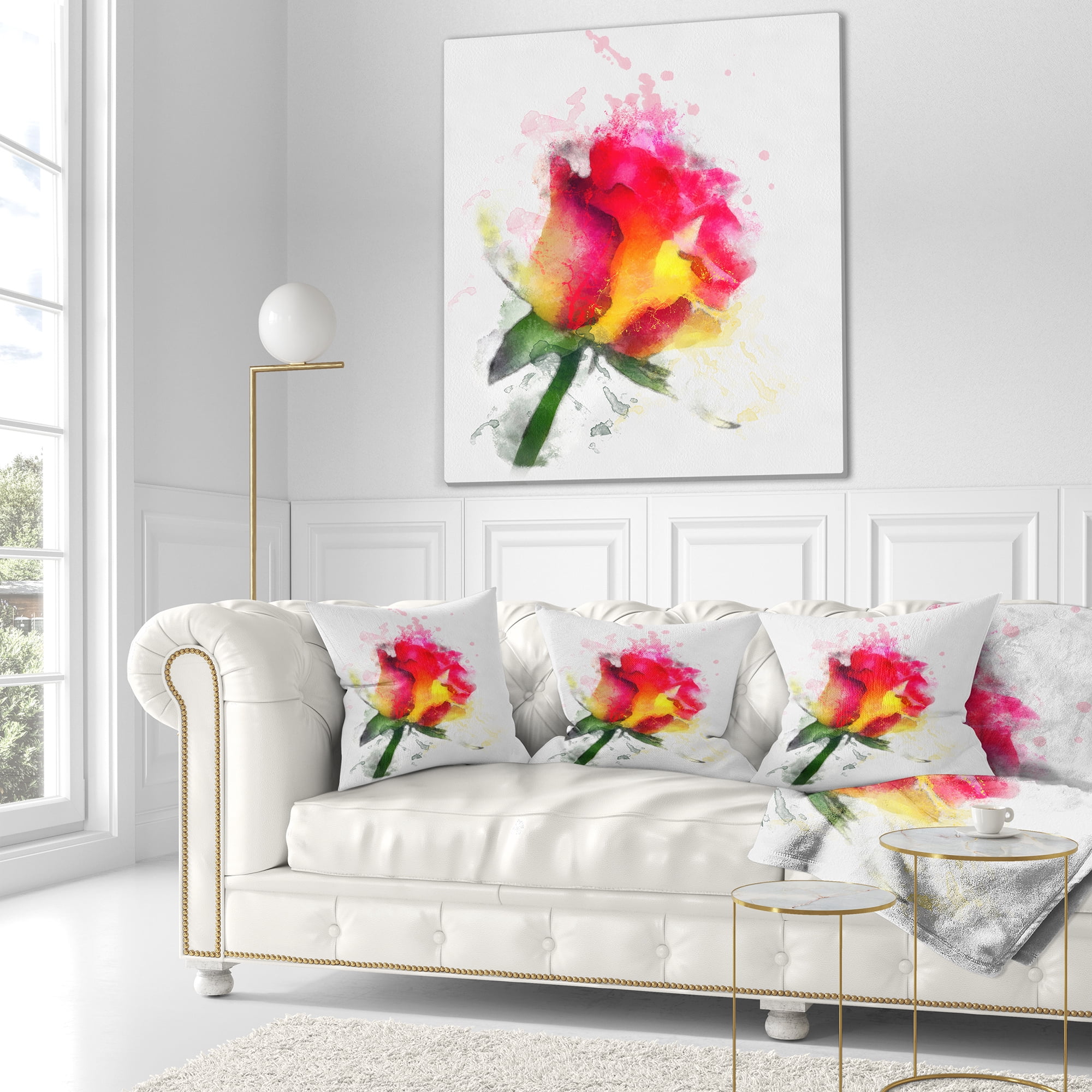 Designart Red Hand drawn Rose Watercolor - Flowers Throw Pillowwork - 16x16