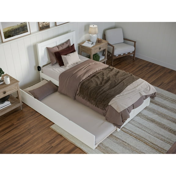Twin XL Platform Bed with Trundle - Vintage Style Bed Frame, Headboard, Footboard - White Finish