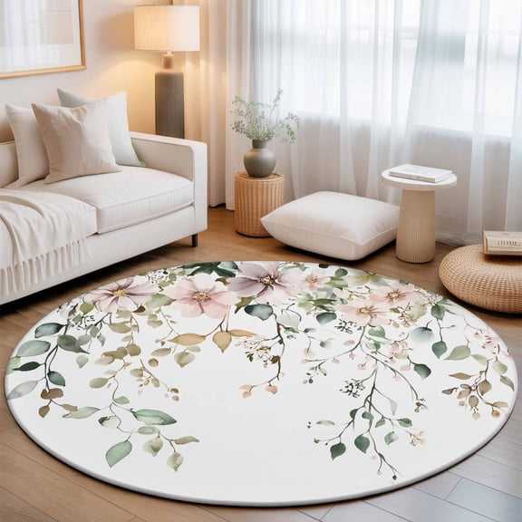 Round Area Rugs 3.3Ft, Eucalyptus Leaves Floral Non-Slip Washable Circle Rugs Carpet, Vintage Farmhouse Botanical Indoor Outdoor Rug Floor Mats Throw Runner for Bedroom Living Room Bathroom