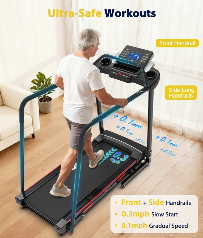 Redliro Senior Treadmill with Long Handrails, 350 lbs Capacity Walking Treadmill for Seniors, Foldable Treadmill with Incline