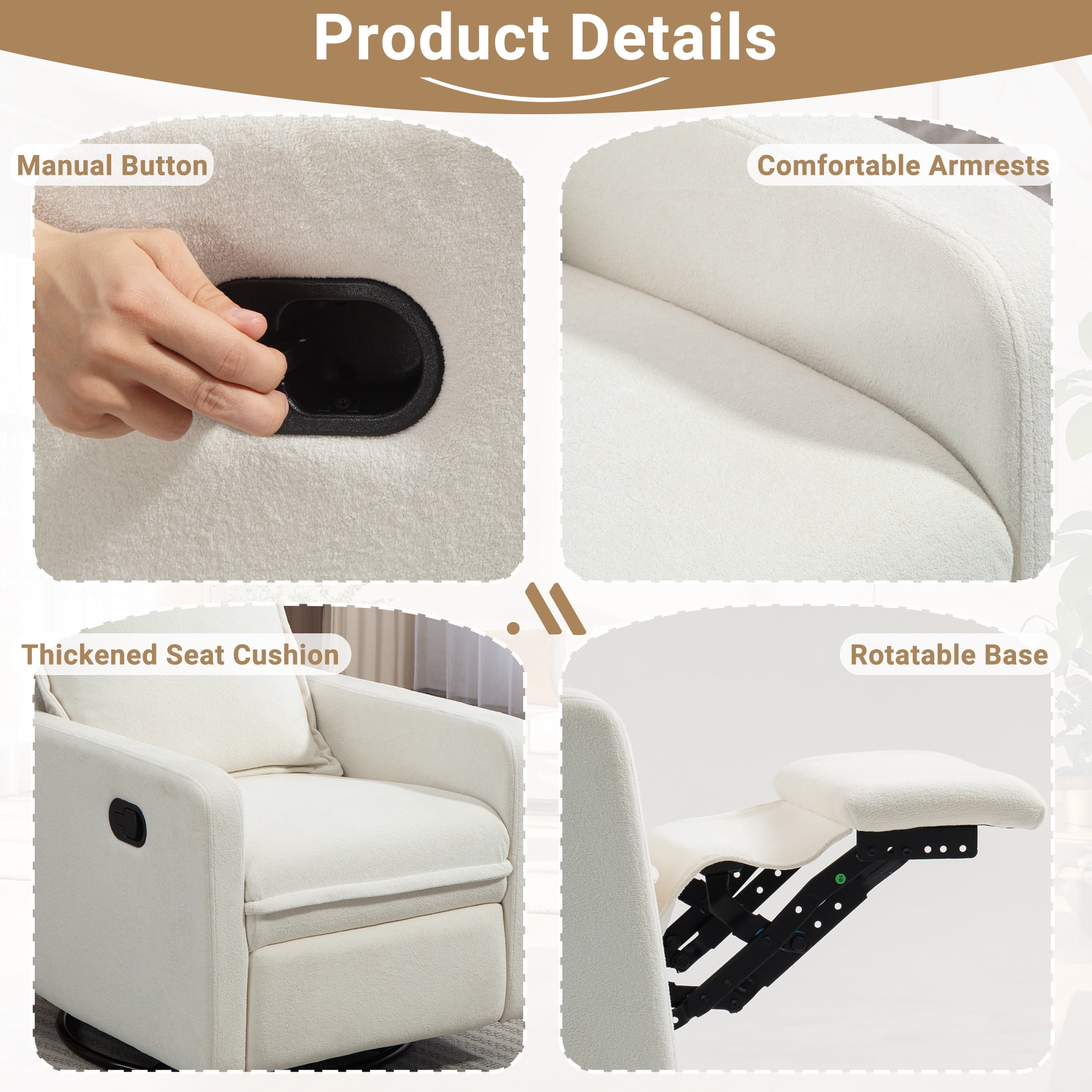 HSUNNS 360° Swivel Rocker Recliner for Adults, Small Rocking Recliner for Small Spaces, Glider Recliner for Nursery, Rocking Chair , Manual Recliner Chair for Living Room, Bedroom, White
