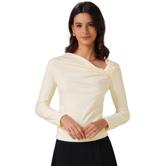DARING DIVA Women's Asymmetrical Neck Twist Knot Ruched Long Sleeve Top S Beige