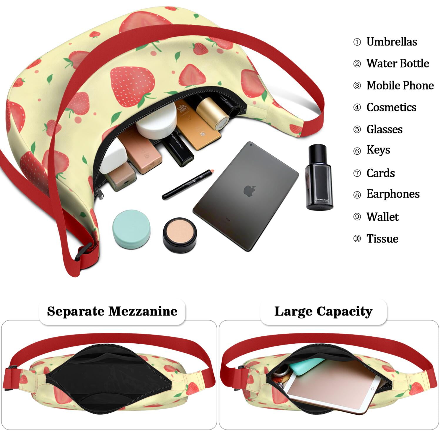 Fruity Strawberry Lover Shoulder Bag for Women, Cute Red Print Crossbody Purse, Lightweight Water-Resistant Hobo Tote, Sweet Summer Berry Handbag