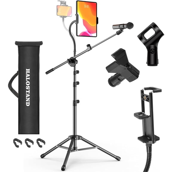 Microphone Stand with IPAD Clip, Floor Foldable Mic Stand with Phone Clip,Heavy Duty Tripod Boom Arm with 2 Mic Clips and Carrying Bag for Singing Karaoke Stage