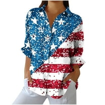 4th of July Shirts for Women Button Down Stars Striped Print Rolled Long Sleeve Collared Blouses Festive Outfits (S, Blue)