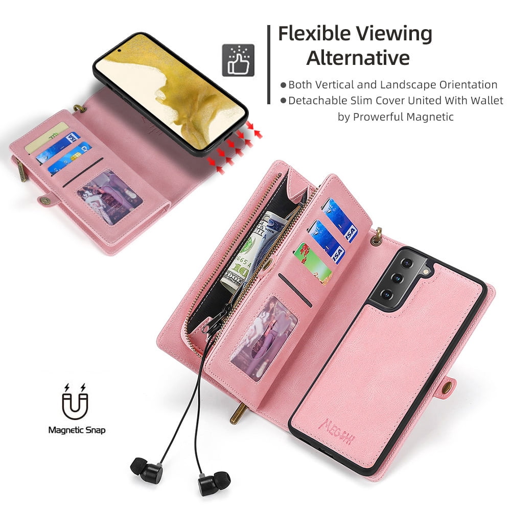 Allytech Case for Samsung S22 Cover for Galaxy S22 2022(6.1"), Durable PU Leather Magnetic Flip Lanyard Wristlet Strap Zipper Card Holder Phone Wallet Case for Galaxy S22 [5G], Pink