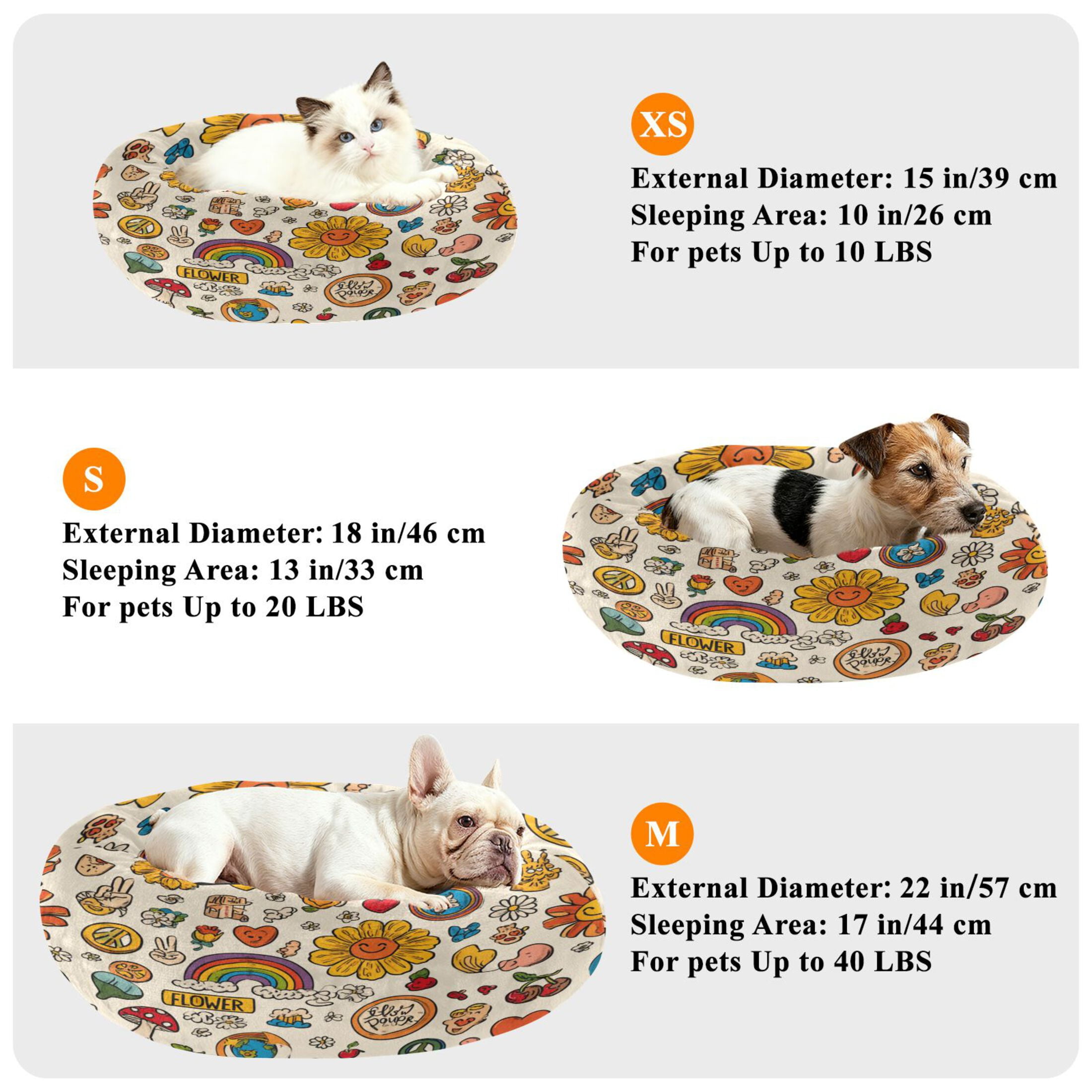 Iauyy Pet Couch Donut Cat Bed for Indoor Cats/Small Dogs Washable & Machine with Non-slip Bottom Calming Cat Furniture, Retro Hippie Logo (XS)