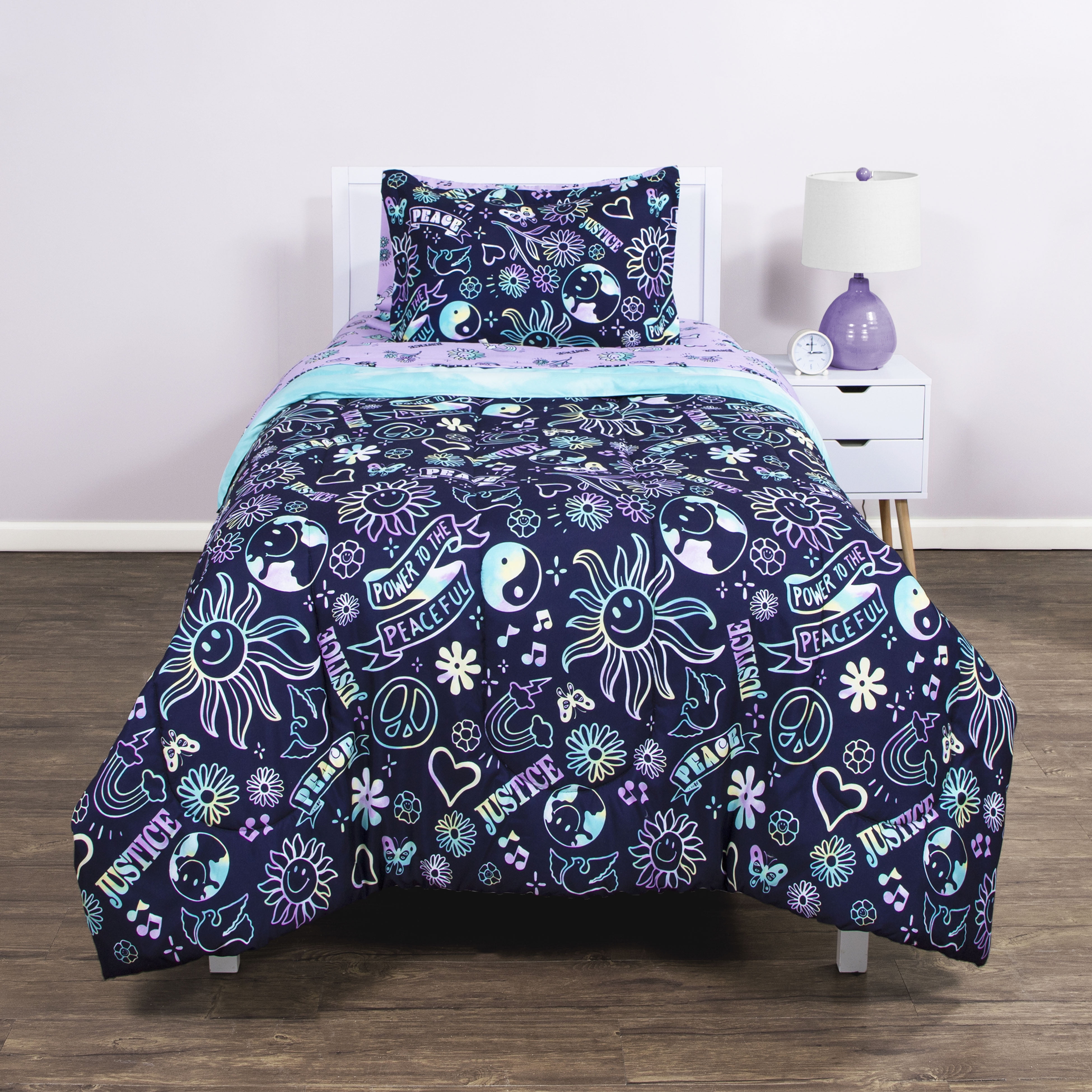 Justice Power to the Peaceful Twin Comforter and Sham Set, 100% Microfiber, Purple