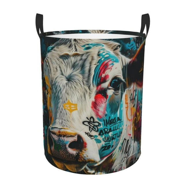 Balery Colorful Graffiti Cow Cesta de ropa redonda con asas, impermeable, independiente, para ropa, juguetes, dormitorio y familia-Medium