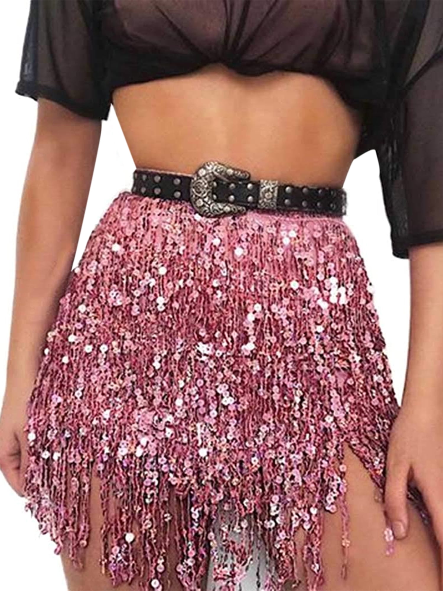 Boho Fringe Skirt Sequin Tassel Belly Dance Hip Scarf Rave Wrap Skirt Belt Performance Custume Skirt for Women and Girls 