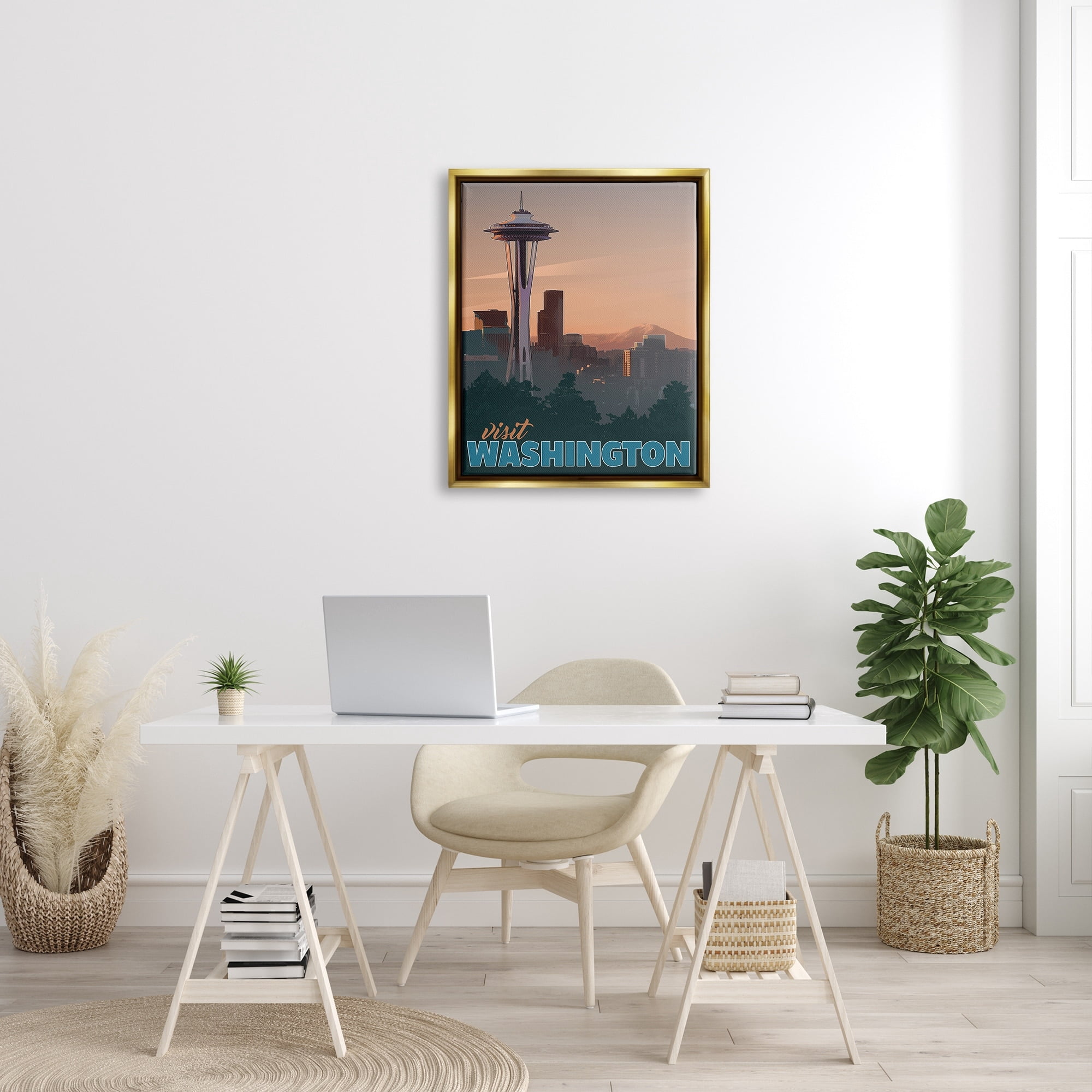 Stupell Industries Visit Washington Urban Metropolis Space Needle Landmark Graphic Art Metallic Gold Floating Framed Canvas Print Wall Art, Design by David Owens Illustration