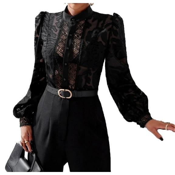 Elegant Plain Shirt Stand Collar Black Long Sleeve Women's Blouses XS (2)
