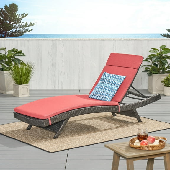 Anthony Outdoor Wicker Adjustable Chaise Lounge with Cushion, Set of 2, Grey, Red