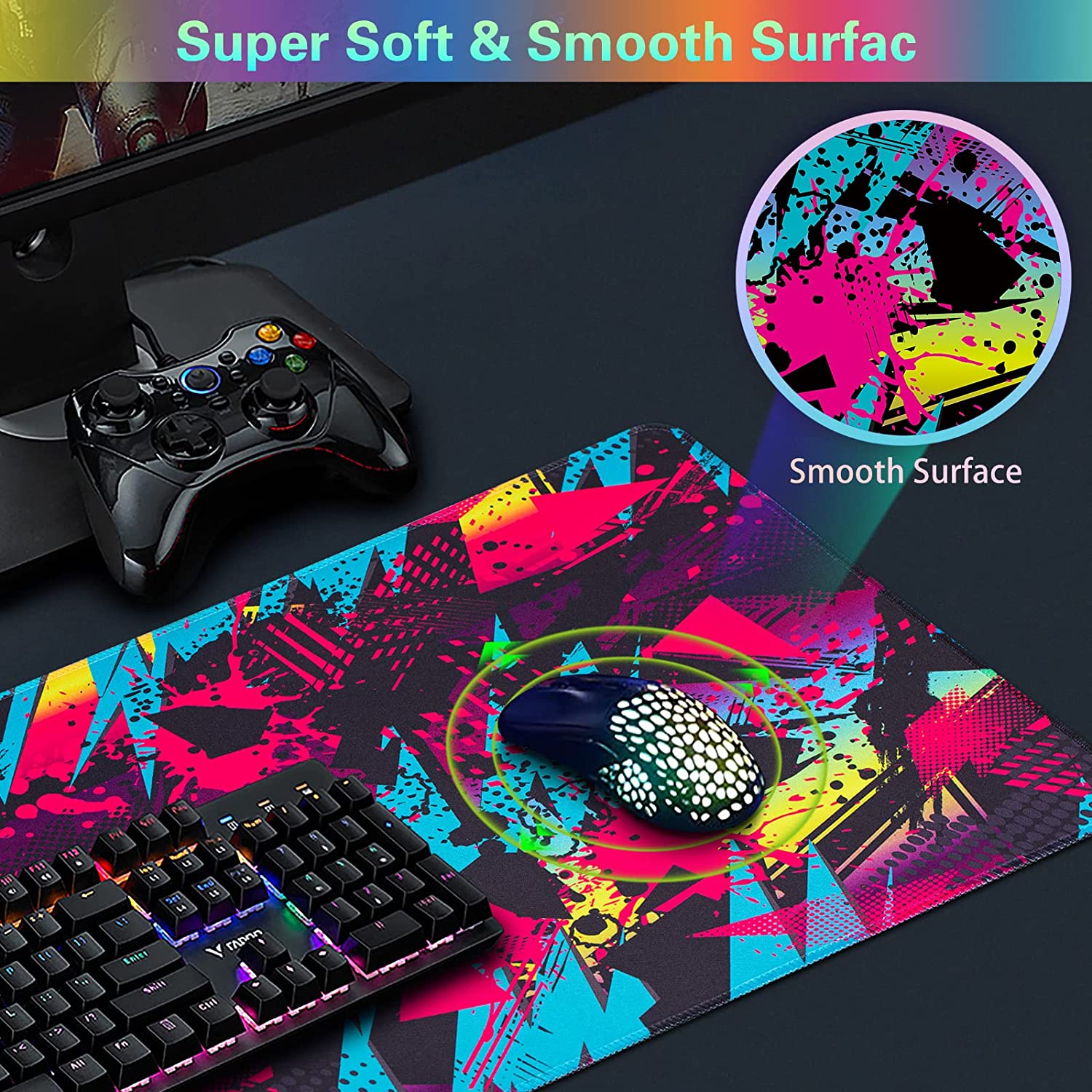 Gaming Mouse Pad, Extended Mouse Pad 31.5x15.7inch XXL Large Big Computer Keyboard Mouse Mat Desk Pad with Non-Slip Base and Stitched Edge for Home Office Gaming Work (Colorful Geometric)
