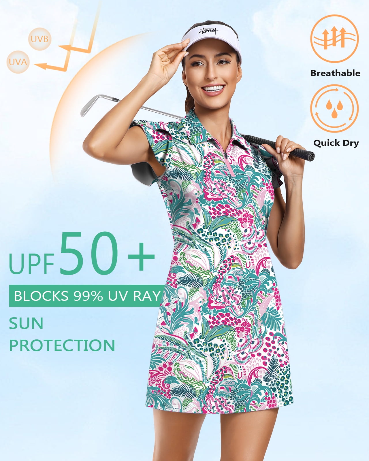 Women’s 1/4 Zip Tennis Dress Floral Ruffle Sleeve Golf Dress with Built-in Shorts and Pockets Athletic Outfit