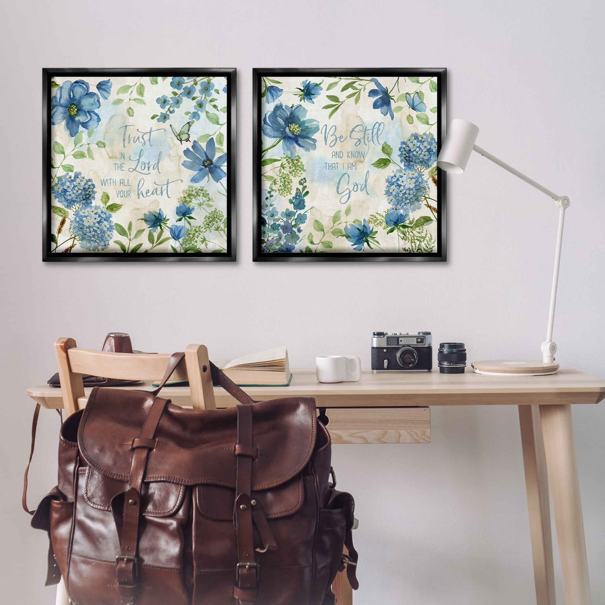 Stupell Industries Trust Be Still Blue Hydrangea Religious & Spiritual Painting Black Floater Framed Canvas Art Print Wall Art, 25 x 25, Set of 2
