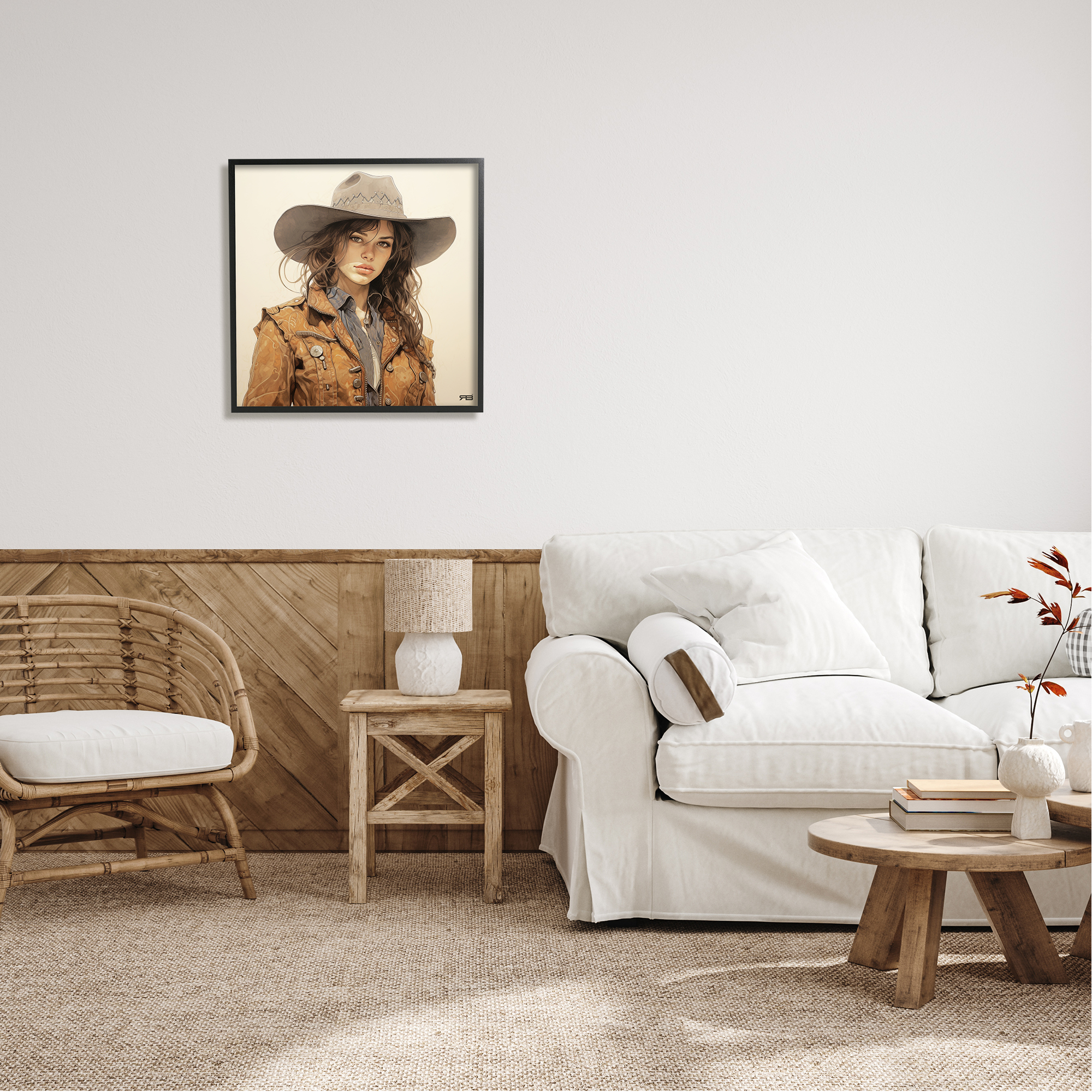 Stupell Industries Brunette Cowgirl on Beige Abstract Painting Black Framed Art Print Wall Art, 24 x 24