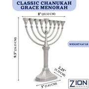 Traditional Classic Hanukkah Menorah - 9.5 Tall Graceful Style Candle Minorah Precision Die Cast Non Tarnish (Satin Silver) By Zion Judaica