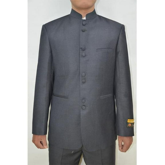 Mens Eight Button Mandarin Banded Collar Charcoal Suits