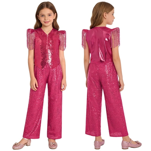 Aislor Girls 2 Piece Sparkling Sequin Jazz Dance Outfit Sequined Tassels Cap Sleeves V Neckline Hem Zipper Metallic Vest with Pants Hot Pink 12