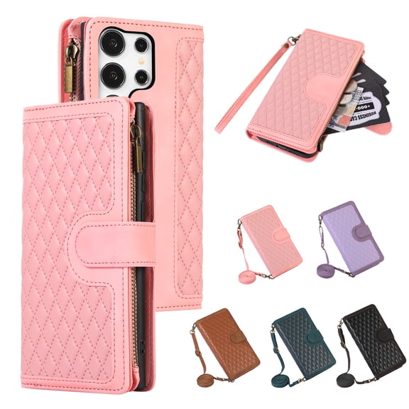 Allytech Samsung Galaxy S22 Ultra Wallet Case, Luxury PU Leather Stand Magnetic Clasp Cover with Wristlet & Shoulder Strap & Card Slots, Zipper Pocket Shockproof Anti-Fall Protective Case, Pink