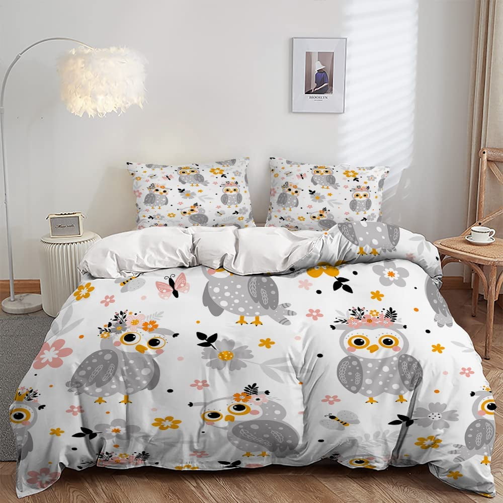 Owl Duvet Cover Set Queen Size Owl Bedding Set for Kids Teens 3D