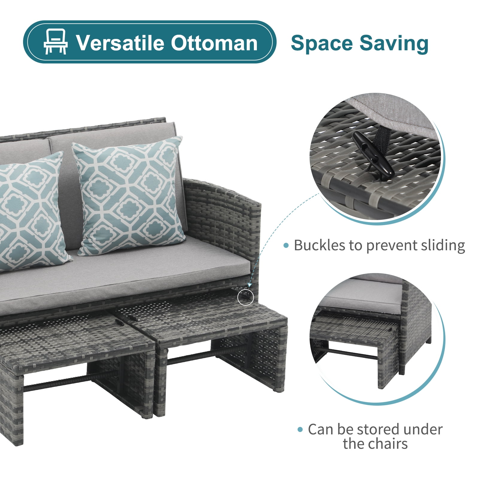 JOIVI Outdoor Loveseat Patio Furniture Rattan Conversation Set, with Ottoman, Pillows Included, Grey Wicker, Light Gray Cushions